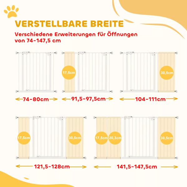 PawHut dørgitter til hunde, kæledyrsgitter 74-147,5 cm, hundegitter med 3 forlængere, trappegitter uden boring, metal, hvid