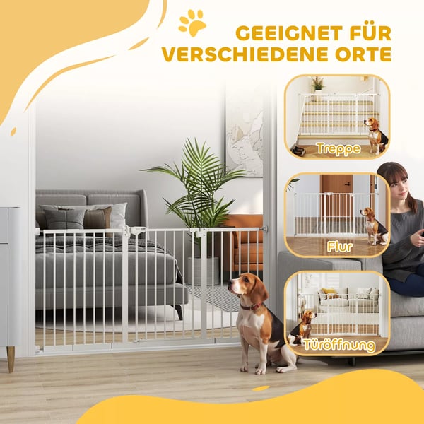PawHut dørgitter til hunde, kæledyrsgitter 74-147,5 cm, hundegitter med 3 forlængere, trappegitter uden boring, metal, hvid