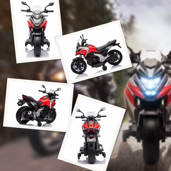 AIYAPLAY 12V Børne Elmotorcykel, Rød - Honda-licens, MP3, USB, LED, Støttehjul, 3 km/t, 3-6 År
