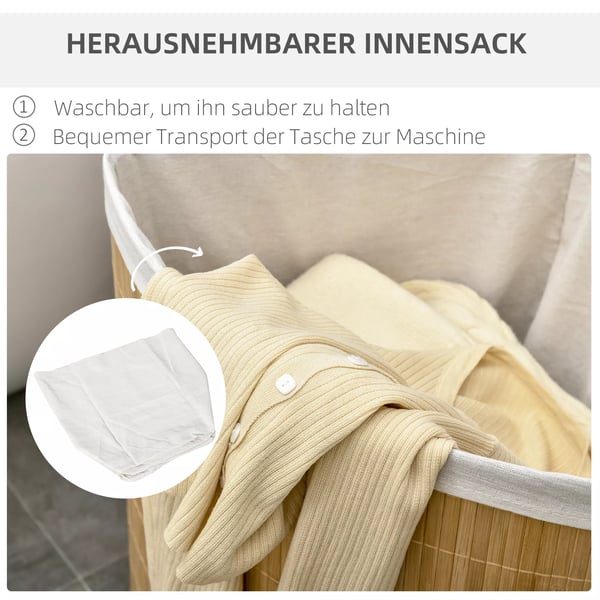 HOMCOM Kulmapyykkikori Bambu 55L Kansi & Irrotettava Pussi Luonnonpuu 38x38x57cm