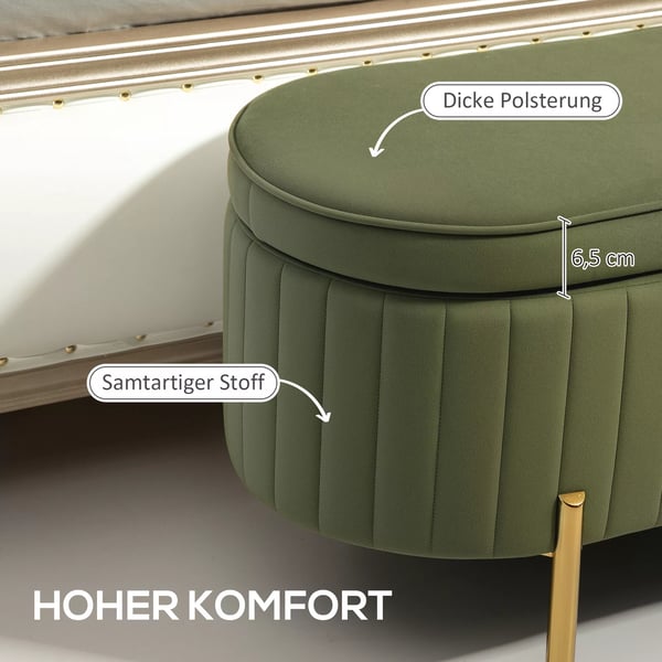 HOMCOM Bænk med klaplåg og opbevaringsplads, stofbetræk, træ, metal, mørkegrøn+guld