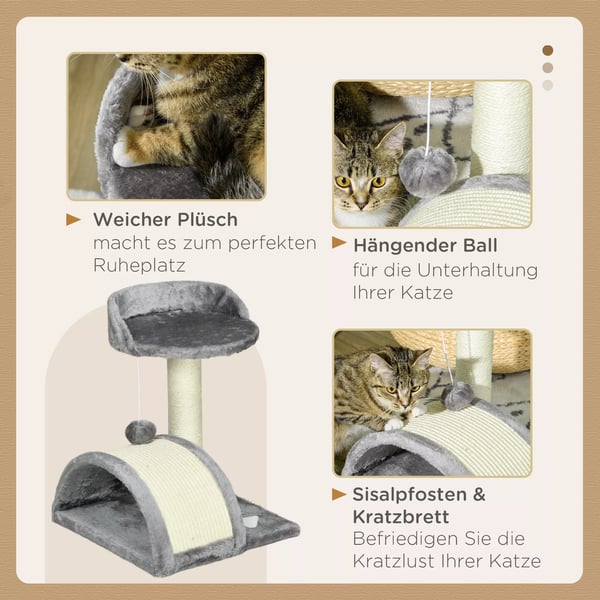 Kradsetræ til Katte, 46 cm, med Legetøjbolds, Kradseplade, Sisal-reb, Plys, Hule og Platform – Gråt Polyester