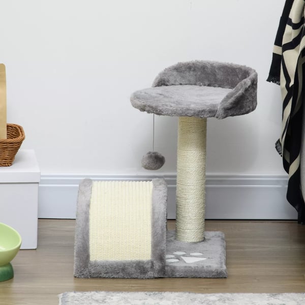 Kradsetræ til Katte, 46 cm, med Legetøjbolds, Kradseplade, Sisal-reb, Plys, Hule og Platform – Gråt Polyester