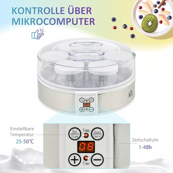 Yoghurtillverkare med 7 burkar, timer & temperaturkontroll, vit