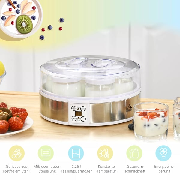 Yoghurtillverkare med 7 burkar, timer & temperaturkontroll, vit