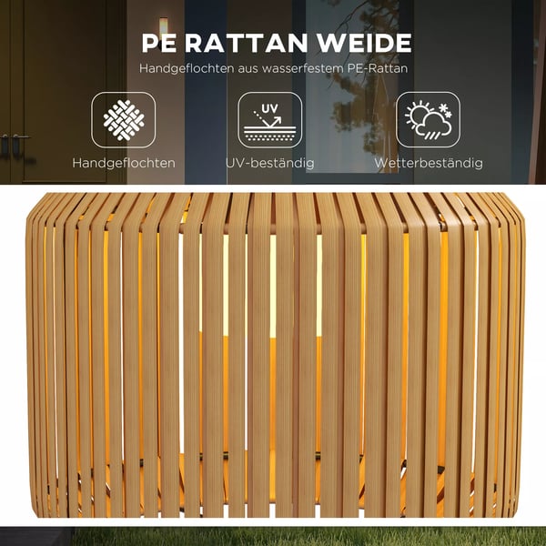 Outsunny Solcellelampe Gul Rattan, Vandtæt LED Have/Sti Lys med Lyssensor, Elegant Stål Solcellelampe til Have, Græsplæne, Gårdhave, Terrasse Ø34x130c