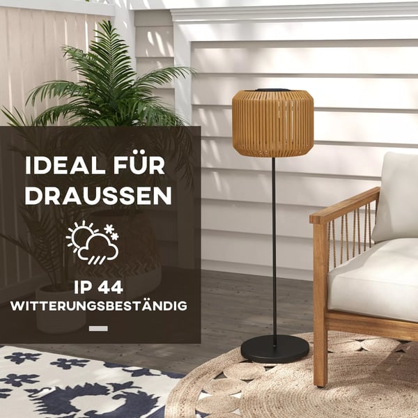 Outsunny Solcellelampe Gul Rattan, Vandtæt LED Have/Sti Lys med Lyssensor, Elegant Stål Solcellelampe til Have, Græsplæne, Gårdhave, Terrasse Ø34x130c