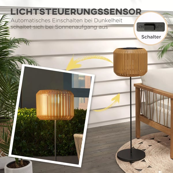 Outsunny Solcellelampe Gul Rattan, Vandtæt LED Have/Sti Lys med Lyssensor, Elegant Stål Solcellelampe til Have, Græsplæne, Gårdhave, Terrasse Ø34x130c
