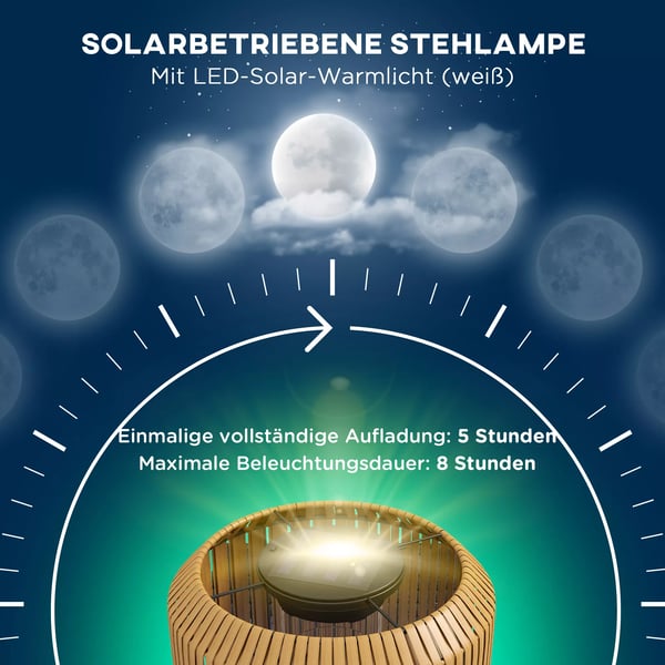 Outsunny Solcellelampe Gul Rattan, Vandtæt LED Have/Sti Lys med Lyssensor, Elegant Stål Solcellelampe til Have, Græsplæne, Gårdhave, Terrasse Ø34x130c
