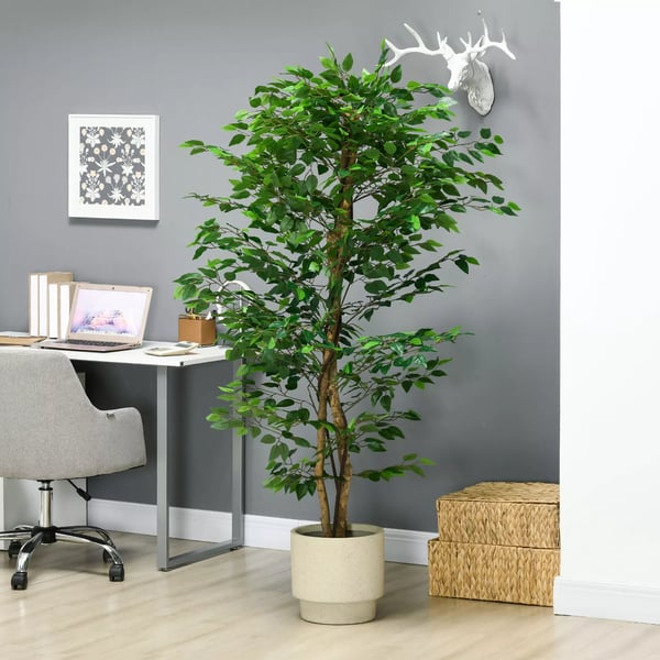 Konstgjord Växt, 180 cm Konstgjord Växt med Planterare, Konstgjord Moss, Konstgjord Ficus Konstgjord Träd, Inomhusväxt för Vardagsrum, Grön