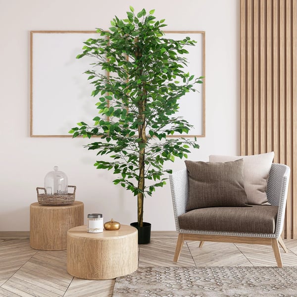 Konstgjord Växt, 180 cm Konstgjord Växt med Planterare, Konstgjord Moss, Konstgjord Ficus Konstgjord Träd, Inomhusväxt för Vardagsrum, Grön