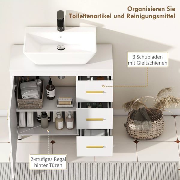HOMCOM Badevarelsesskab - Hvid MDF/spanplade underskab med 3 skuffer og soft-close