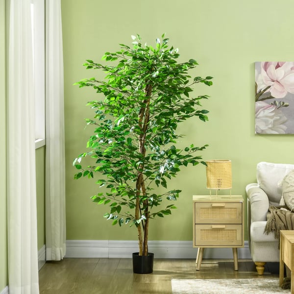 Konstgjord Växt, 180 cm Konstgjord Växt med Planterare, Konstgjord Moss, Konstgjord Ficus Konstgjord Träd, Inomhusväxt för Vardagsrum, Grön