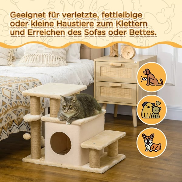 PawHut Hljbar Kldyrstrappe - 3 4 Trin, Beige, Hjdejusterbar Til Katte op til 5 kg