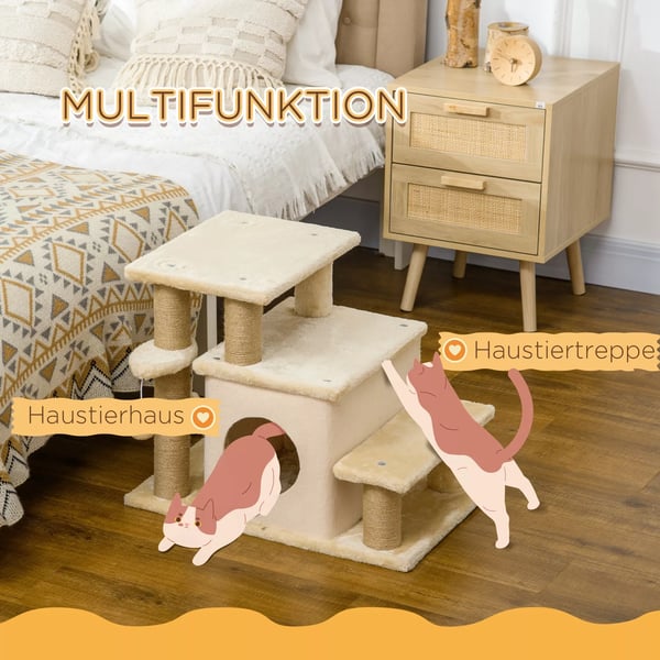 PawHut Hljbar Kldyrstrappe - 3 4 Trin, Beige, Hjdejusterbar Til Katte op til 5 kg