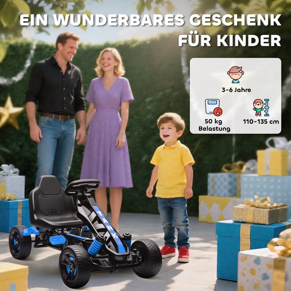 AIYAPLAY Gokart med pedaler til børn, blå, frihjul, bremse, skridsikre hjul, metalramme, 3-6 år