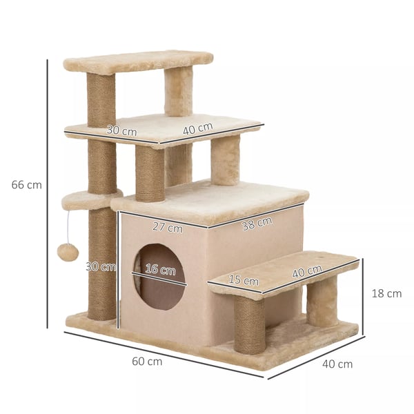 PawHut Hljbar Kldyrstrappe - 3 4 Trin, Beige, Hjdejusterbar Til Katte op til 5 kg