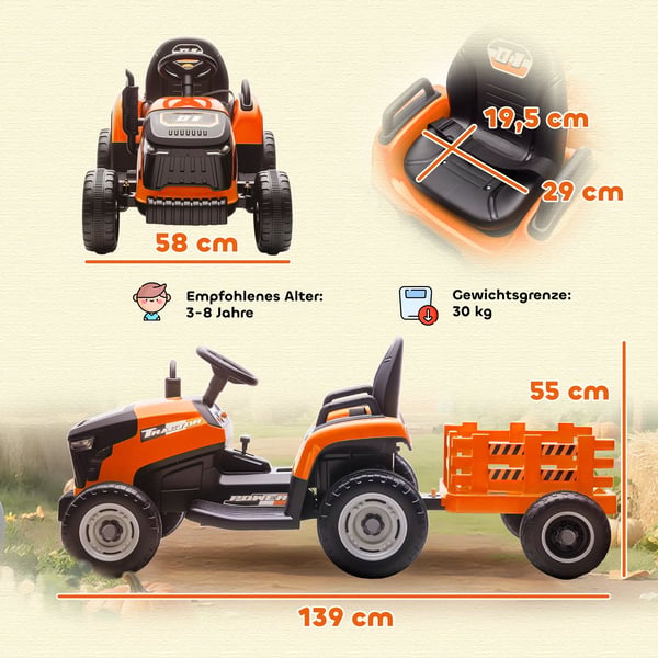 AIYAPLAY Elektrisk Børnetraktor med Trailer - Orange, Fjernbetjent, Blød Start (3-8 år)