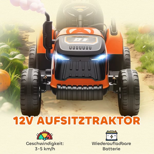 AIYAPLAY Elektrisk Børnetraktor med Trailer - Orange, Fjernbetjent, Blød Start (3-8 år)