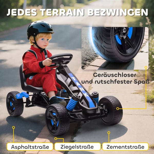 AIYAPLAY Gokart med pedaler til børn, blå, frihjul, bremse, skridsikre hjul, metalramme, 3-6 år