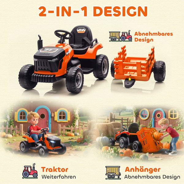 AIYAPLAY Elektrisk Børnetraktor med Trailer - Orange, Fjernbetjent, Blød Start (3-8 år)
