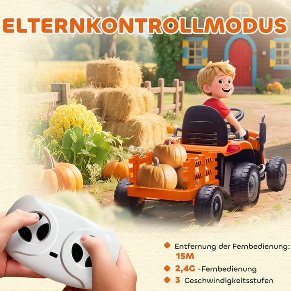 AIYAPLAY Elektrisk Børnetraktor med Trailer - Orange, Fjernbetjent, Blød Start (3-8 år)