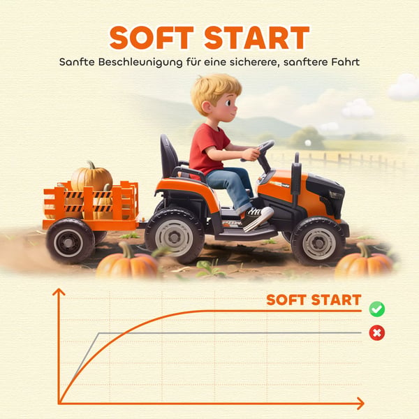 AIYAPLAY Elektrisk Børnetraktor med Trailer - Orange, Fjernbetjent, Blød Start (3-8 år)