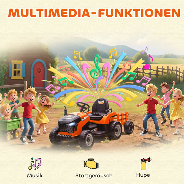 AIYAPLAY Elektrisk Børnetraktor med Trailer - Orange, Fjernbetjent, Blød Start (3-8 år)