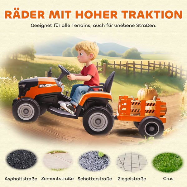 AIYAPLAY Elektrisk Børnetraktor med Trailer - Orange, Fjernbetjent, Blød Start (3-8 år)