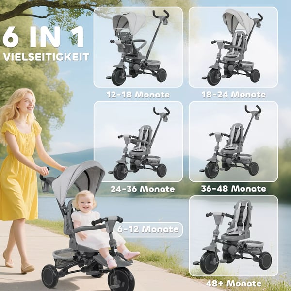 6-in-1 lastenpyörä taaperolle, harmaa, säädettävä työntöaisa ja istuin, kokoontaitettava