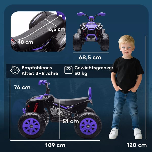 AIYAPLAY Børne-ATV 24V Lilla (Violet) Elektrisk Køretøj - 2 Sæder, LED Lys, MP3/USB, 6.5 km/t, 3-8 År