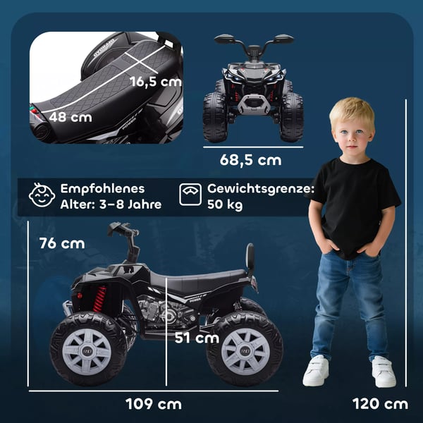 AIYAPLAY Børne-el-quad, 24V elektrisk køretøj med 4 hjul, forlygter, USB-tilslutning, MP3-funktion, 6,5 km/t, 3-8 år
