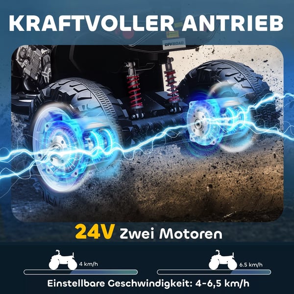 AIYAPLAY Børne-el-quad, 24V elektrisk køretøj med 4 hjul, forlygter, USB-tilslutning, MP3-funktion, 6,5 km/t, 3-8 år