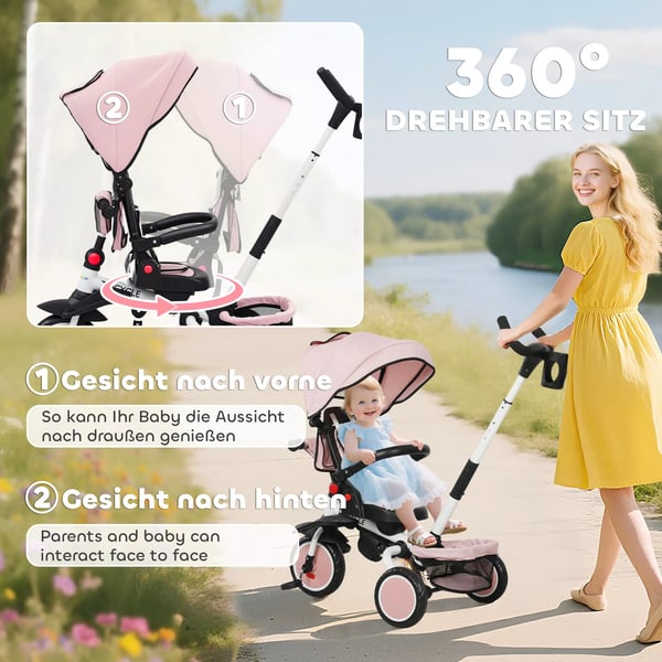 AIYAPLAY Monikäyttöinen 6-in-1 Lastenpyörä ja Rattaat - Taitettava & Säädettävä - Pinkki Muovi/Teräs