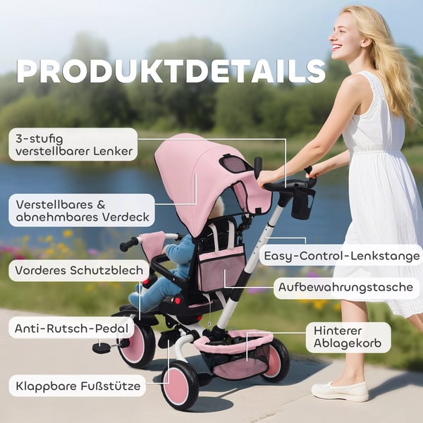 AIYAPLAY Monikäyttöinen 6-in-1 Lastenpyörä ja Rattaat - Taitettava & Säädettävä - Pinkki Muovi/Teräs