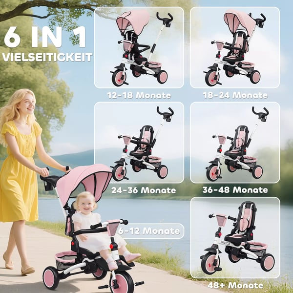 AIYAPLAY Monikäyttöinen 6-in-1 Lastenpyörä ja Rattaat - Taitettava & Säädettävä - Pinkki Muovi/Teräs