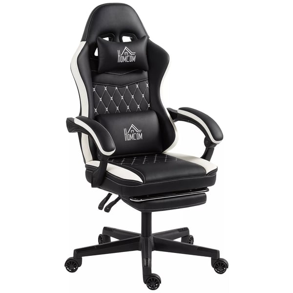 HOMCOM Gamingstol med Fotstöd, Datorstol med Nackstöd & Kudde, Konstläder, Svart/Vit