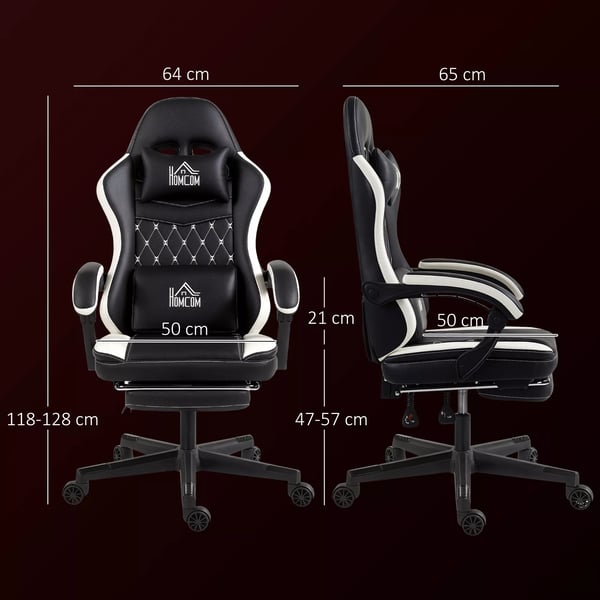 HOMCOM Gamingstol med fodstøtte, nakkestøtte og pude - Justerbar, drejelig, sort imiteret læder, stålramme