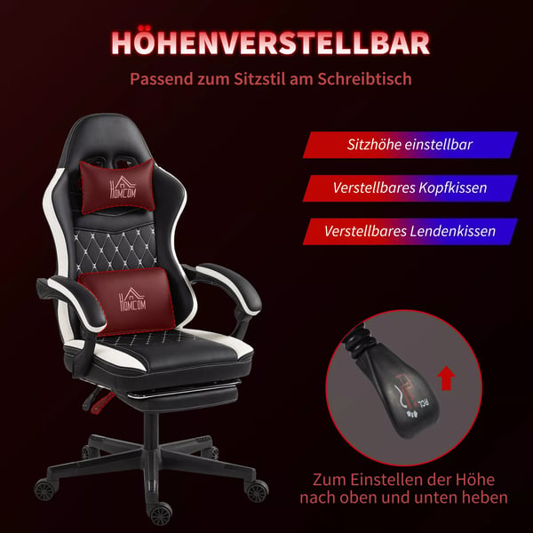 HOMCOM Gamingstol med fodstøtte, nakkestøtte og pude - Justerbar, drejelig, sort imiteret læder, stålramme