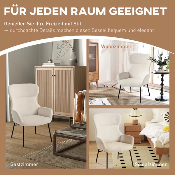 HOMCOM accentstol, wingback-stil, krämvit, polyester