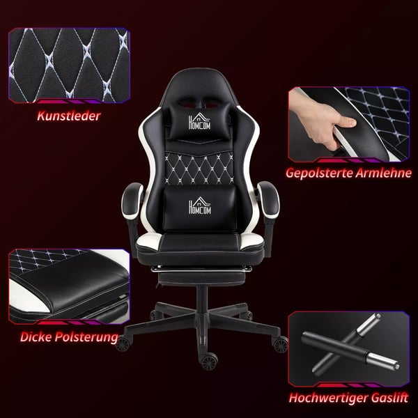 HOMCOM Gamingstol med fodstøtte, nakkestøtte og pude - Justerbar, drejelig, sort imiteret læder, stålramme