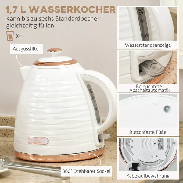HOMCOM 2-i-1 Elkedel og Brødrister Sæt, 7 bruningsniveauer, optønings-/genopvarmningsfunktion, creme/hvid plast/stål