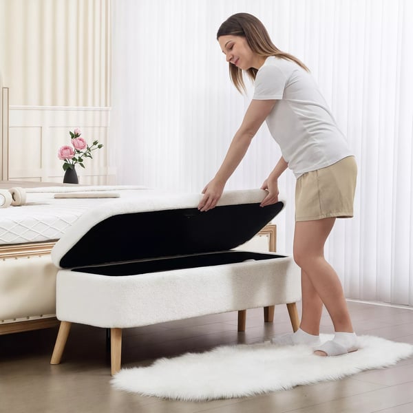 HOMCOM Opbevaringsbænk, Siddeskammel med 65L Opbevaring, Fleece, Gummitræ, Cremhvid 120x42x45 cm