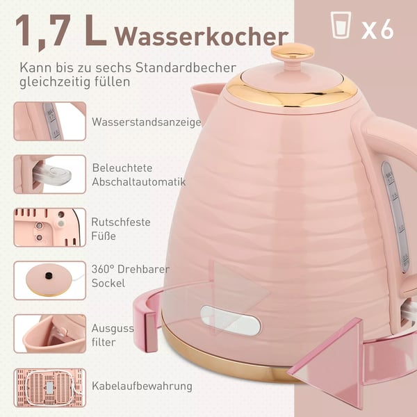 HOMCOM 2-i-1 brødrister- og elkedelsæt, 7 bruningsniveauer, optønings- og genopvarmningsfunktion, rosa