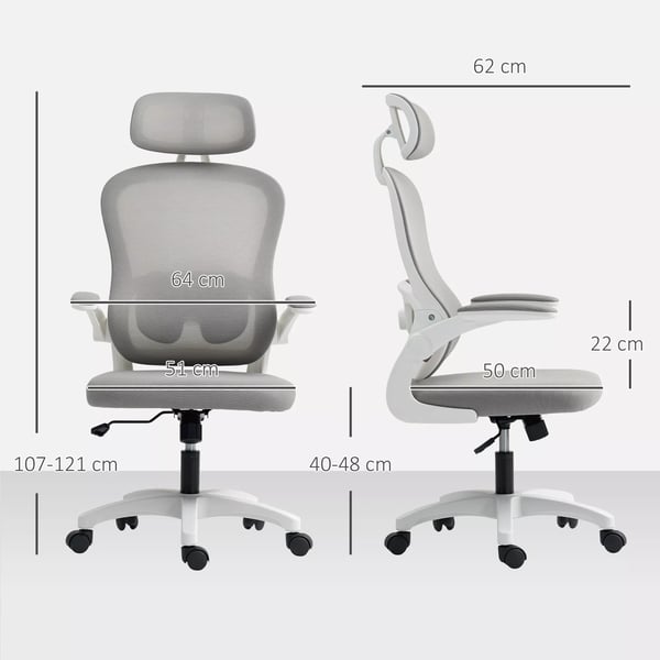 Ergonomisk kontorstol i grå polyester med mesh-ryglæn, justerbar højde, foldbare armlæn og 5 hjul