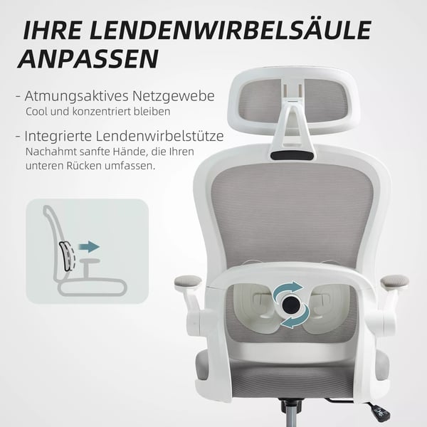 Ergonomisk kontorstol i grå polyester med mesh-ryglæn, justerbar højde, foldbare armlæn og 5 hjul
