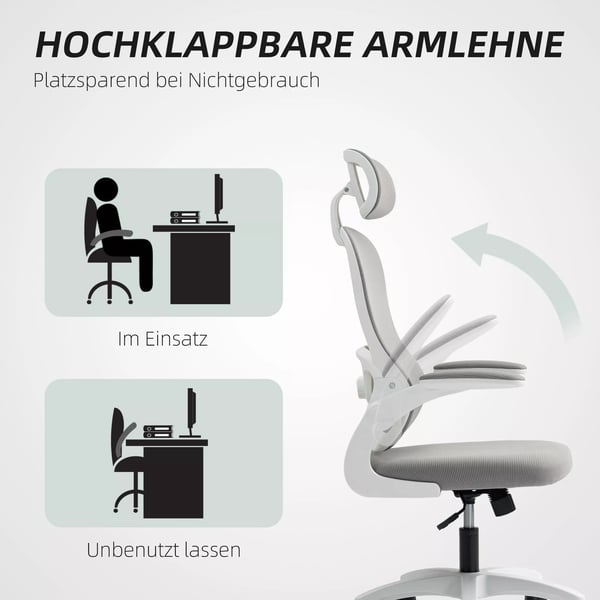Ergonomisk kontorstol i grå polyester med mesh-ryglæn, justerbar højde, foldbare armlæn og 5 hjul