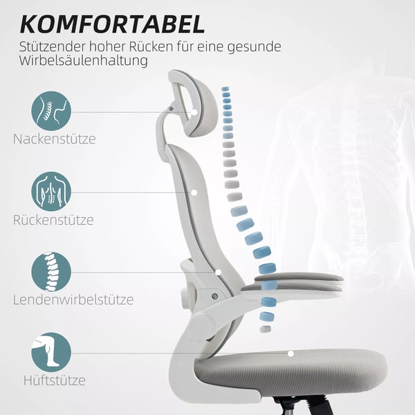 Ergonomisk kontorstol i grå polyester med mesh-ryglæn, justerbar højde, foldbare armlæn og 5 hjul