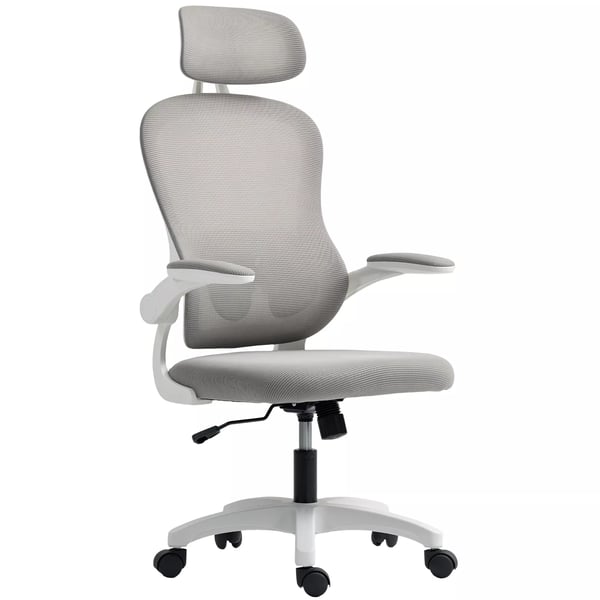 Ergonomisk kontorstol i grå polyester med mesh-ryglæn, justerbar højde, foldbare armlæn og 5 hjul