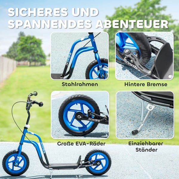 AIYAPLAY Løbecykel til børn 5-12 år, justerbart styr, store hjul, støtteben, håndbremse, stål/plast, blå